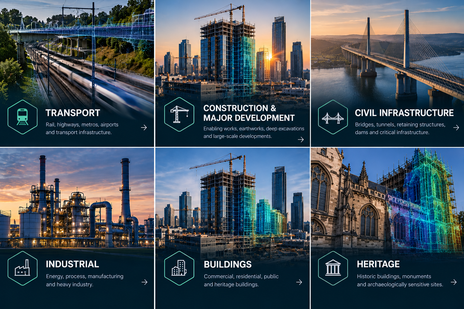 Log-M sectors: transport, construction and major development, civil infrastructure, industrial, buildings and heritage